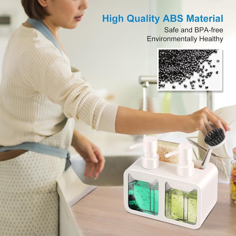 Eavida Kitchen Soap Dispenser Set, with Hand and Dish Soap, Sponge Caddy and Brush Holder 4-in-1 Kitchen Dual Soap Dispenser Set for Kitchen Sink, Bathroom - White - Image 3
